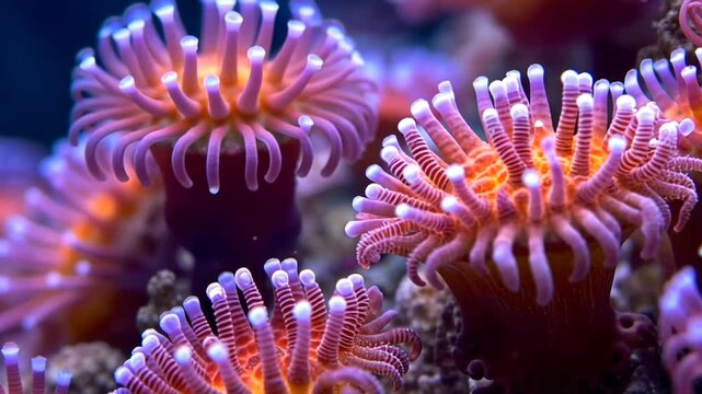 Nahaufnahme von orangefarbenen Seeanemonen in Korallen