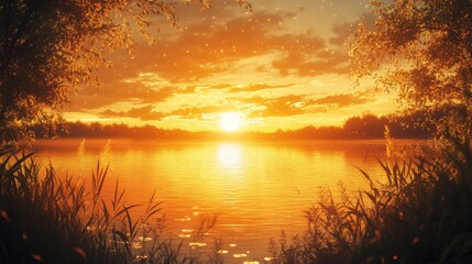 Obraz premium Golden Sunset Over Calm Lake Water With Trees