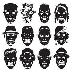 Mask of criminal bandits for hiding face black monochrome silhouette set vector flat set of Cowboy head covered by a bandana in gangster style vector  Gangster masks
