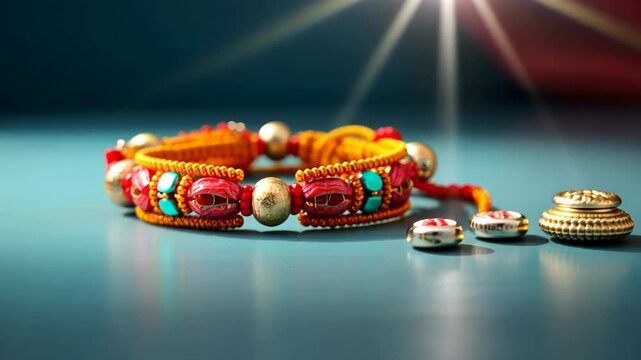 Video of rakhi talisman: sacred thread, happy Raksha Bandhan, religious ritual, cultural tradition, Hindu festival, amulet ceremony, sibling bond, Shravana full moon, Rakri custom barley shoot ritual.