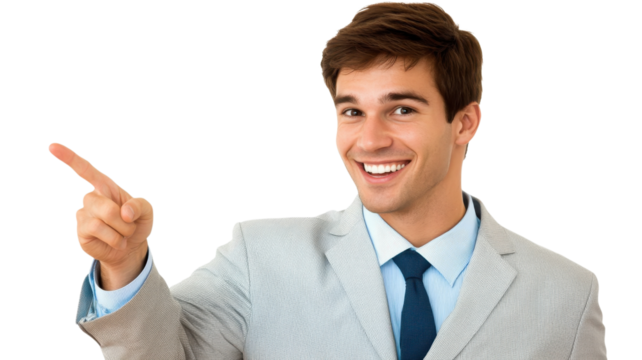 Confident young man in professional attire smiling and pointing with enthusiasm