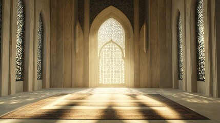 Obraz premium Interior of Mosque with Sunlight Shining Through Ornate Windows and Carpet