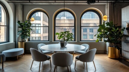 Modern office dining area with city view, plants, and parquet floor; ideal for corporate websites