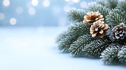 Beautifully Decorated Christmas Tree Branches and Pinecones Displayed on Blue Background