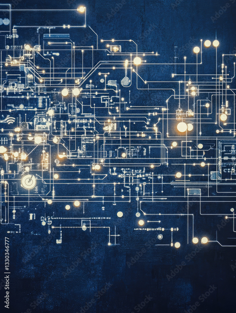 Poster an intricate design portraying an abstract technological circuit pattern with glowing nodes and inte