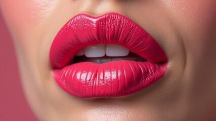 plump female lips with pink lipstick close-up