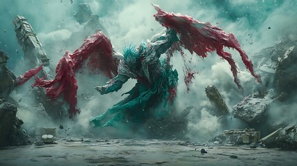 A colossal fantasy creature with wings amidst destruction and debris