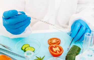 laboratory testing of different food products. Selective focus.