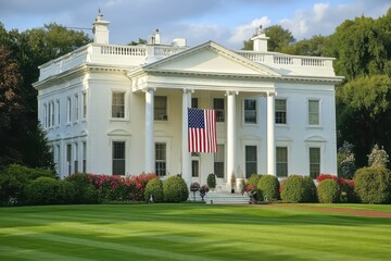Obraz premium Grand white mansion adorned with an American flag amid lush green gardens on a sunny afternoon