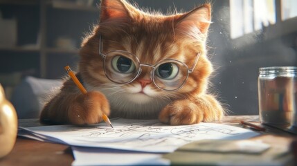 A ginger cat wearing glasses, focused on drawing