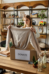 Young woman donates clothes while embracing a sustainable lifestyle at home