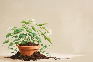 natural harmony and ecological consciousness. A pot with a flowering plant, from which new shoots sprout, personifies sustainability and a responsible attitude to nature. environmentally friendly life