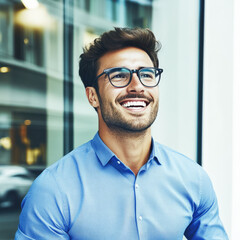 Obraz premium A joyful young man with glasses appears in a contemporary urban setting, reflecting positivity, engagement, and modern lifestyle choices.