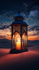 Illuminated lantern in desert at sunset.