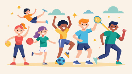 A sportsthemed fitness class that mixes traditional exercises with games and challenges for all ages strengthening both physical and social skills.. Vector illustration