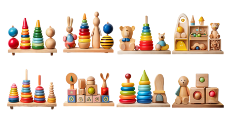 Colorful Wooden Toys for Early Childhood Development and Playtime, PNG bundle collection, Isolated on Transparent Background