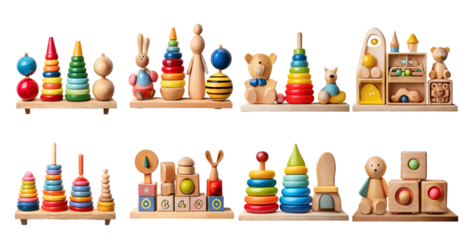Colorful Wooden Toys for Early Childhood Development and Playtime, PNG bundle collection, Isolated on Transparent Background