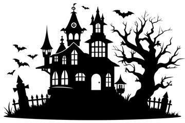 haunted house set line art silhouette vector illustration