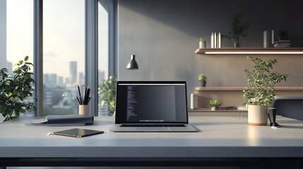Laptop with White Screen Mockup on Desk in Sleek Businessman's Office
