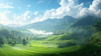 Naklejka premium Exploring Lush Green Rice Terraces with Mountain Views in Southeast Asia