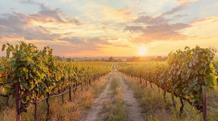Rows of lush grapevines stretch into the horizon, bathed in warm golden light as the sun sets. The tranquil scene captures the beauty of a vineyard during early evening hours