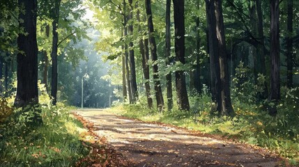 Obraz premium A tranquil forest path is lined by tall trees, bathed in soft morning light. Leaves cover the ground, creating a peaceful atmosphere perfect for walking or reflection