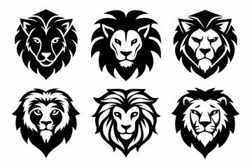 lion face icon set line art silhouette vector illustration