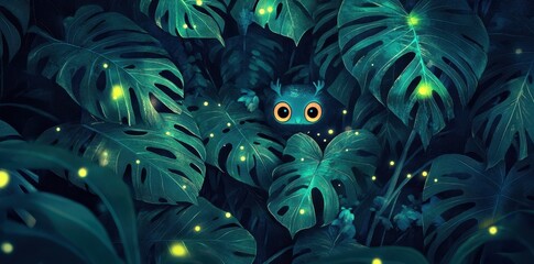 A small creature with big eyes hides within lush tropical leaves