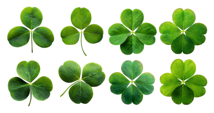Collection of Various Green Clover Leaf Shapes on Transparent Background, PNG bundle collection, Isolated on Transparent Background - Powered by Adobe