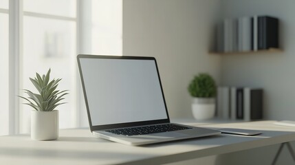 Laptop with White Screen Mockup on Desk in Sleek Businessman's Office
