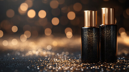 Two black cosmetic bottles with gold elements, light background.
