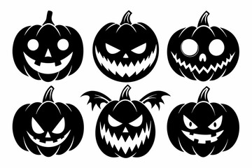 scary and funny faces of halloween pumpkin set line art silhouette vector illustration