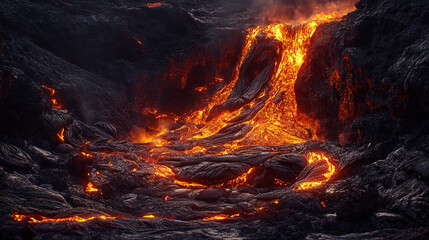 Fiery volcanic lava flowing down dark rocks intense heat dramatic scene natural disaster powerful