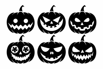 scary and funny faces of halloween pumpkin set line art silhouette vector illustration