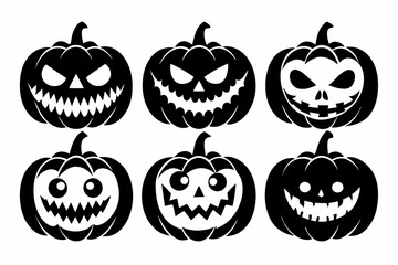 scary and funny faces of halloween pumpkin set line art silhouette vector illustration
