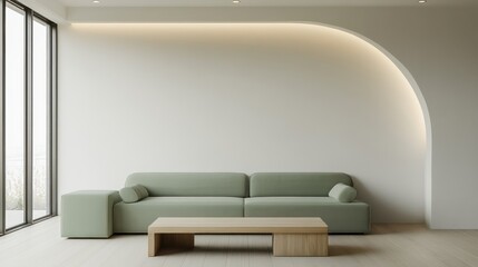 A modern minimalist living room with a soft green sofa and a light wood coffee table
