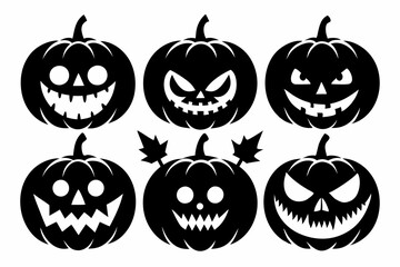 scary and funny faces of halloween pumpkin set line art silhouette vector illustration