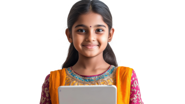 Young girl holds tablet and smiles while dressed in traditional attire showcasing cultural pride and joy in a bright setting