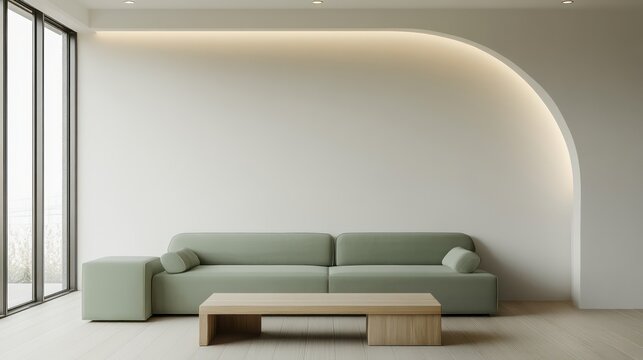 A modern minimalist living room with a soft green sofa and a light wood coffee table