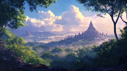Fototapeta premium Ancient Temple Rising Above Misty Forest Landscape with Cloudy Sky