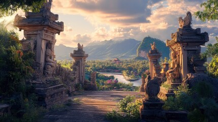 Fototapeta premium Exploring Ancient Temple Ruins Overlooking Tropical Landscape at Sunset
