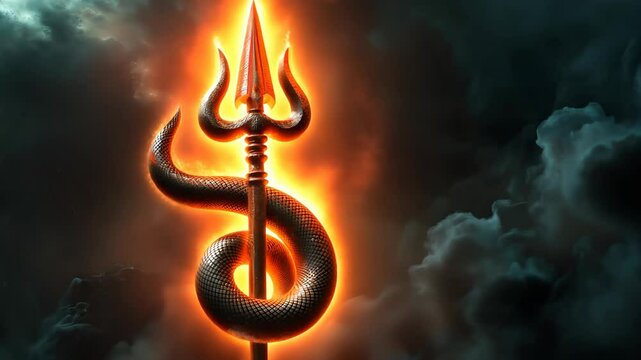 Glowing trident (trishul) on a dark background, representing the powerful symbol of Hindu deity Lord Shiva and divine energy.
