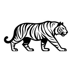Obraz premium Full Body Tiger Walking Side View Minimalist Line Art Logo Style in Black and White Outline Line Art Drawing
