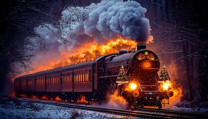 Festive steam train speeds through snowy woods