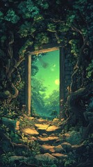 A stone pathway leads towards a magical opening in the forest