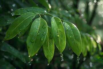 water drops on a leaf, Close-Up Of Green Leaves With Water Droplets