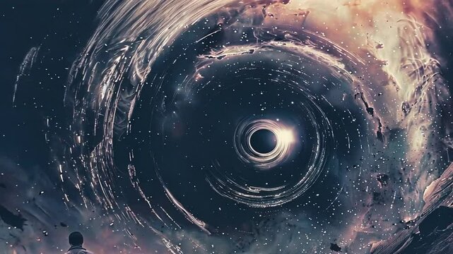 Mensch betrachtet ein sich drehendes Schwarzes Loch im Universum