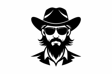 cowboy beard sunglasses engraving line art silhouette vector illustration