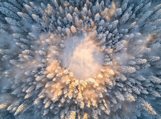 Aerial View of Snow Covered Pine Trees and Clearing in Winter