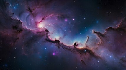 Fototapeta premium The depths of space - a fascinating panorama of a distant galaxy strewn with billions of stars. Bright nebulae shimmer with purple, blue and pink hues. Space is filled with mysterious energy.